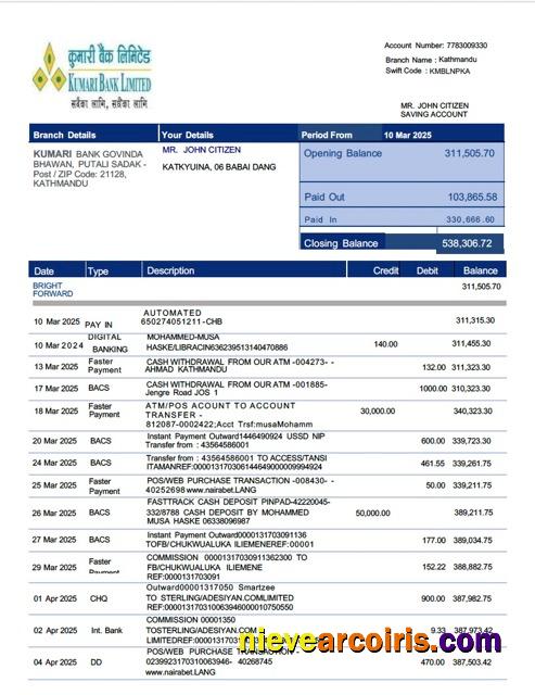 Nepal Kumari Bank Limited account statement Word and PDF